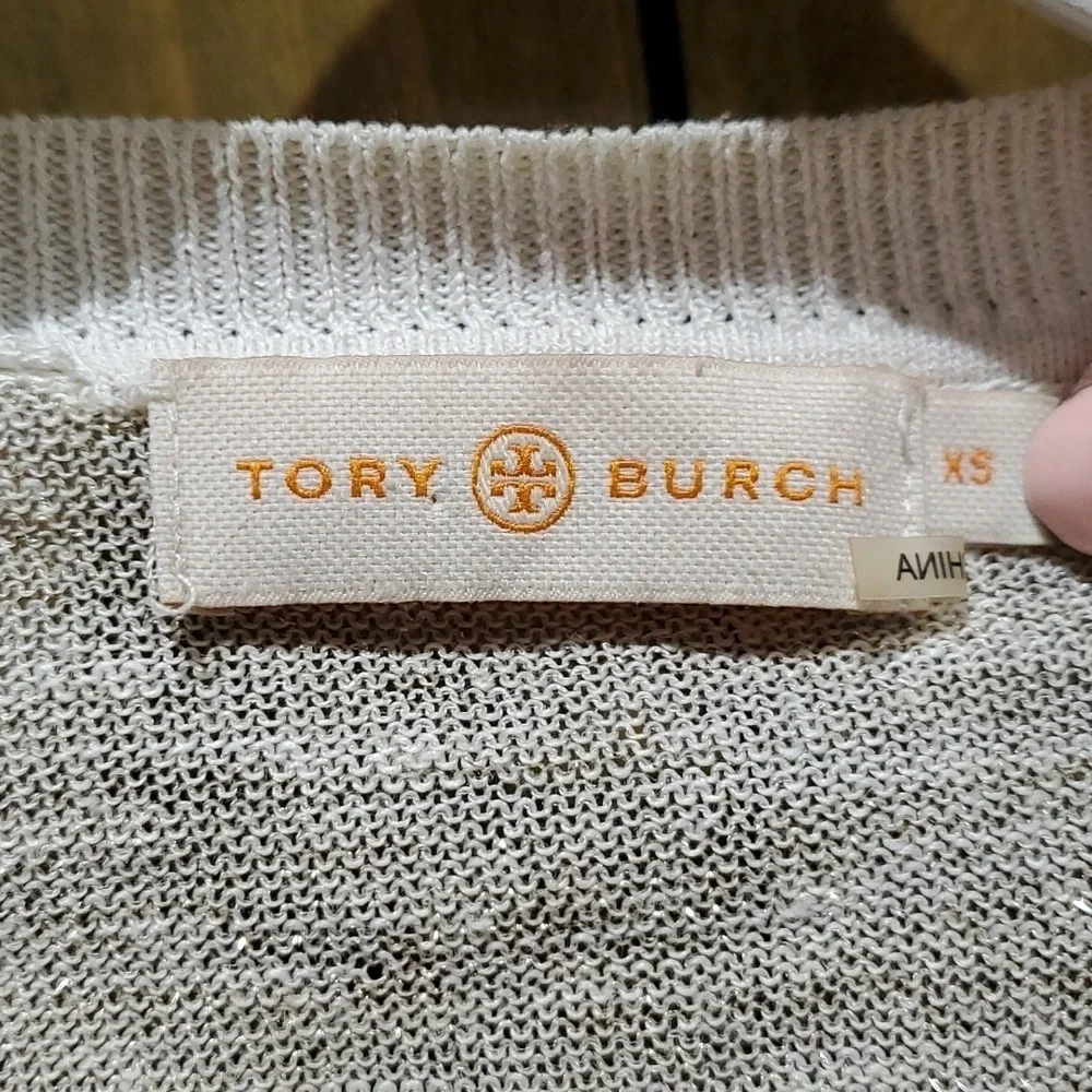 TORY BURCH LONG SLEEVE CREAM TOP WITH GOLD SHIMMER SIZE XS SHEER